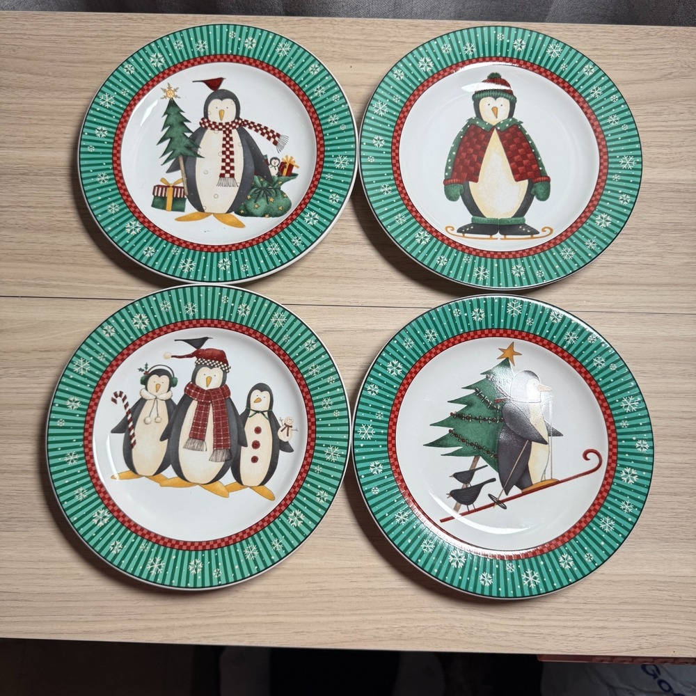 Sakura Salad Plates Set of 4 Penguins Debbie Mumm Green Red 8in 1998